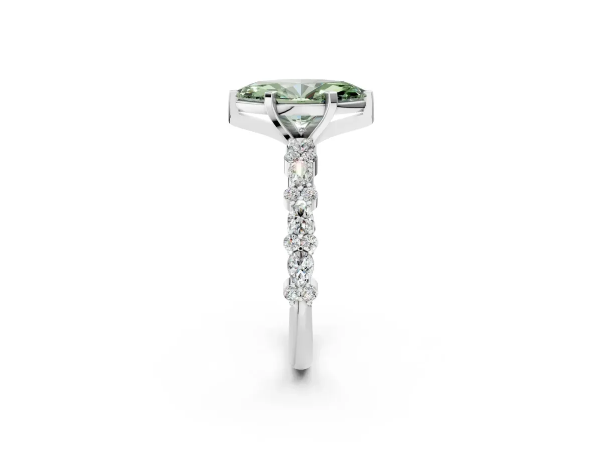 Fancy Green Marquise Cut Diamond Side Stone Solitaire Ring with Round and Four-Prong Setting White gold