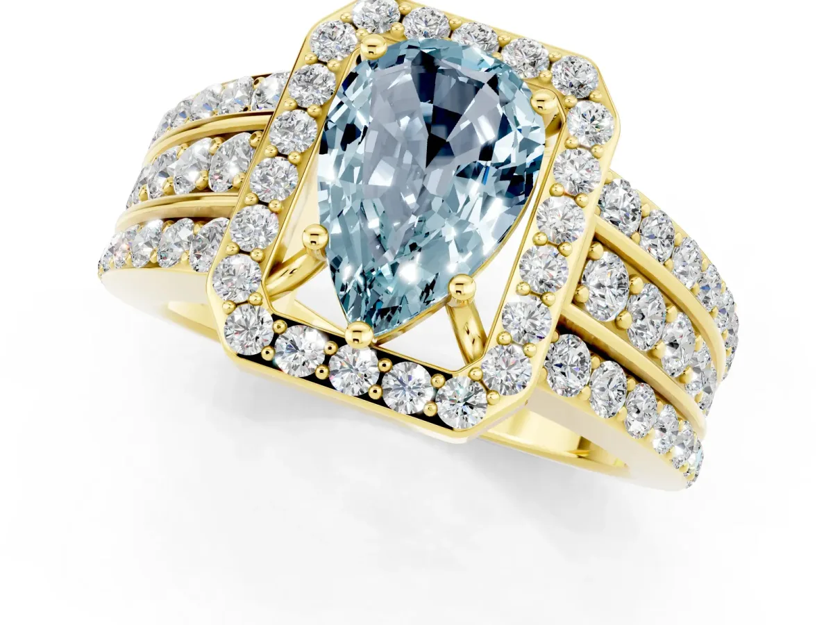 Pear Cut Halo Aquamarine Ring with Round Split Shank and Prong Setting Yellow gold