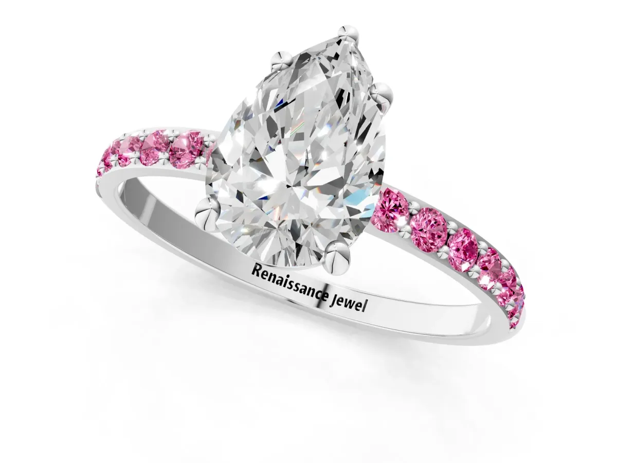 Pear Cut Diamond Solitaire Ring with Round Pink Sapphire Pavé Band and Prong Setting Platinum
