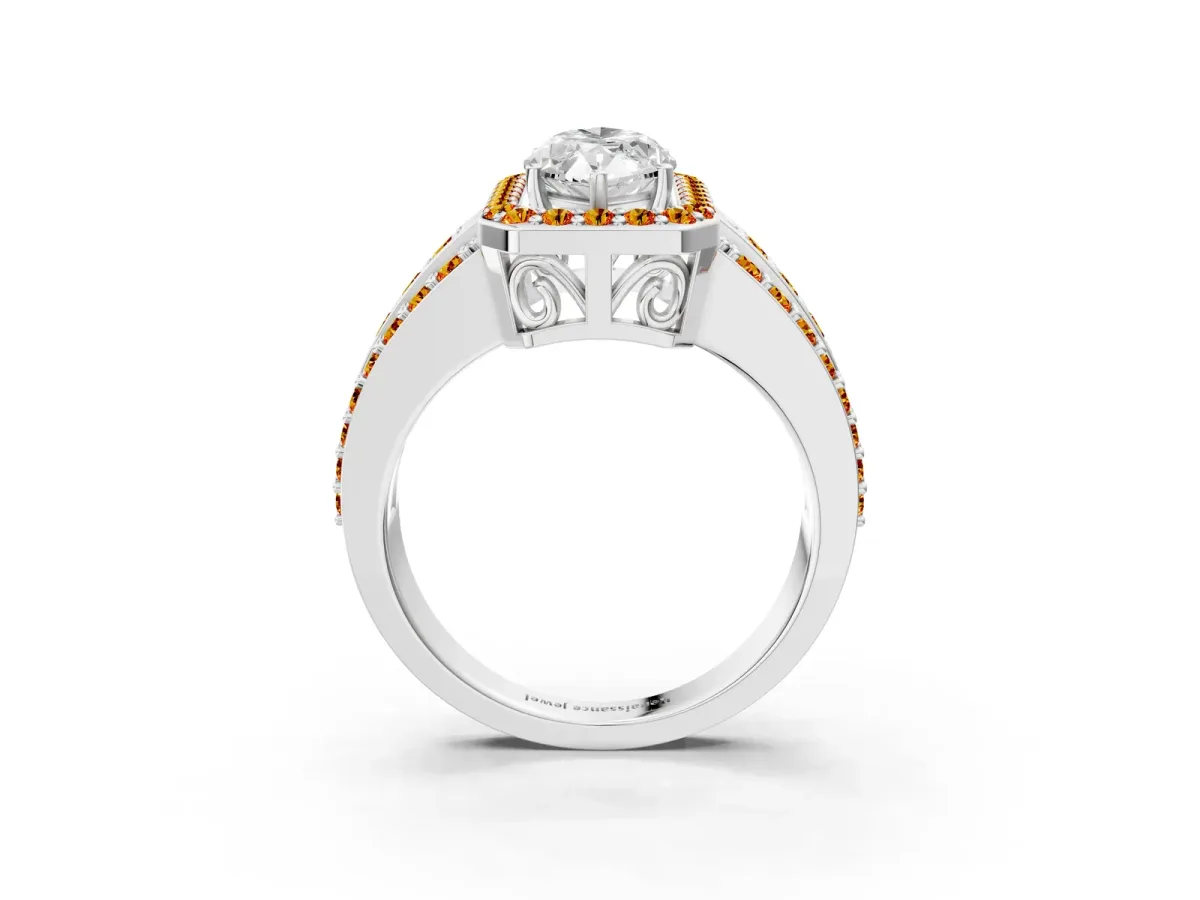 Marquise Cut Halo Diamond Ring with Round Citrine Split Shank and Prong Setting Silver