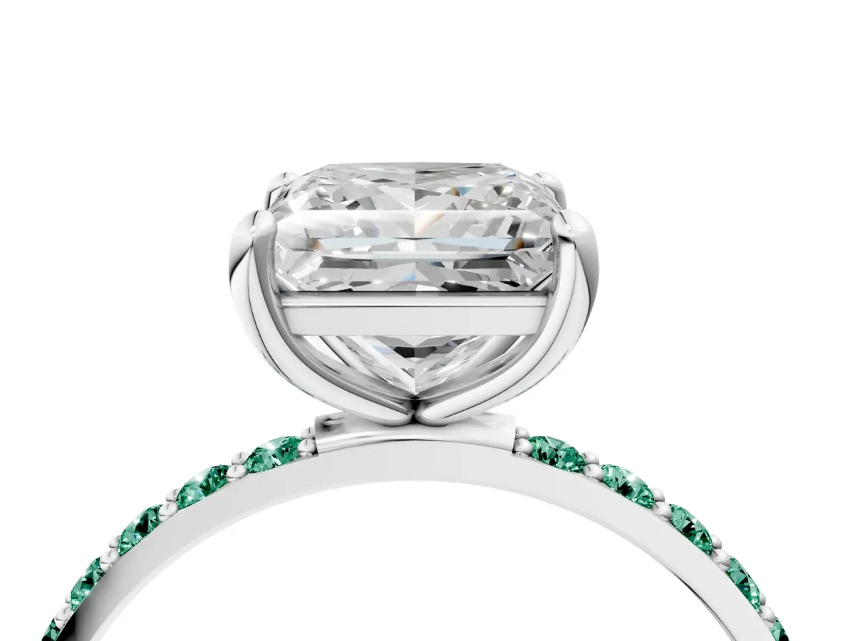 Princess Cut Diamond Solitaire Ring with Round Green Sapphire Pavé Band and Prong Setting Silver