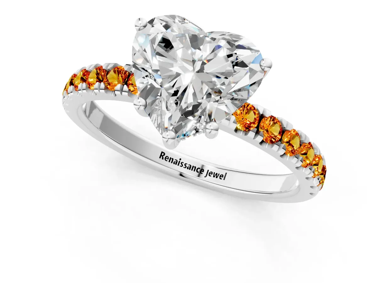 Heart Cut Diamond Pave Band Solitaire Ring with Round Citrine and Prong Setting Platinum