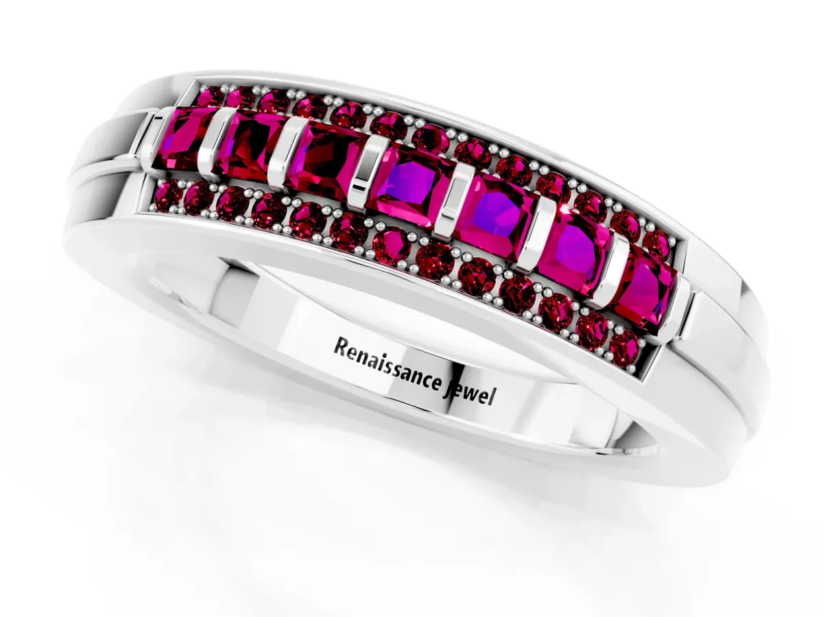 Bar-Set Princess Cut Garnet Pavé Band White gold
