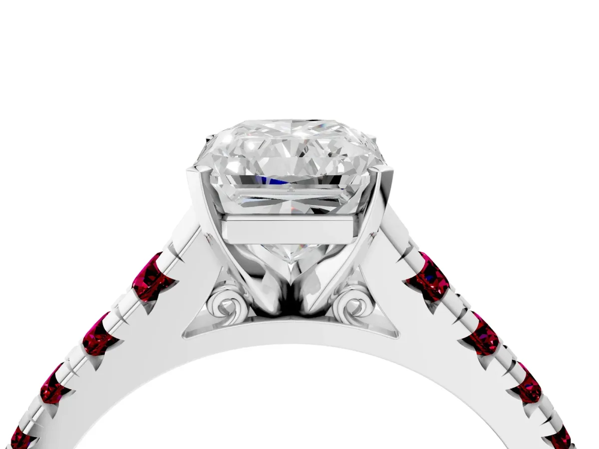 Radiant Cut Diamond Cathedral Solitaire Ring with Round Garnet Pavé Band Silver