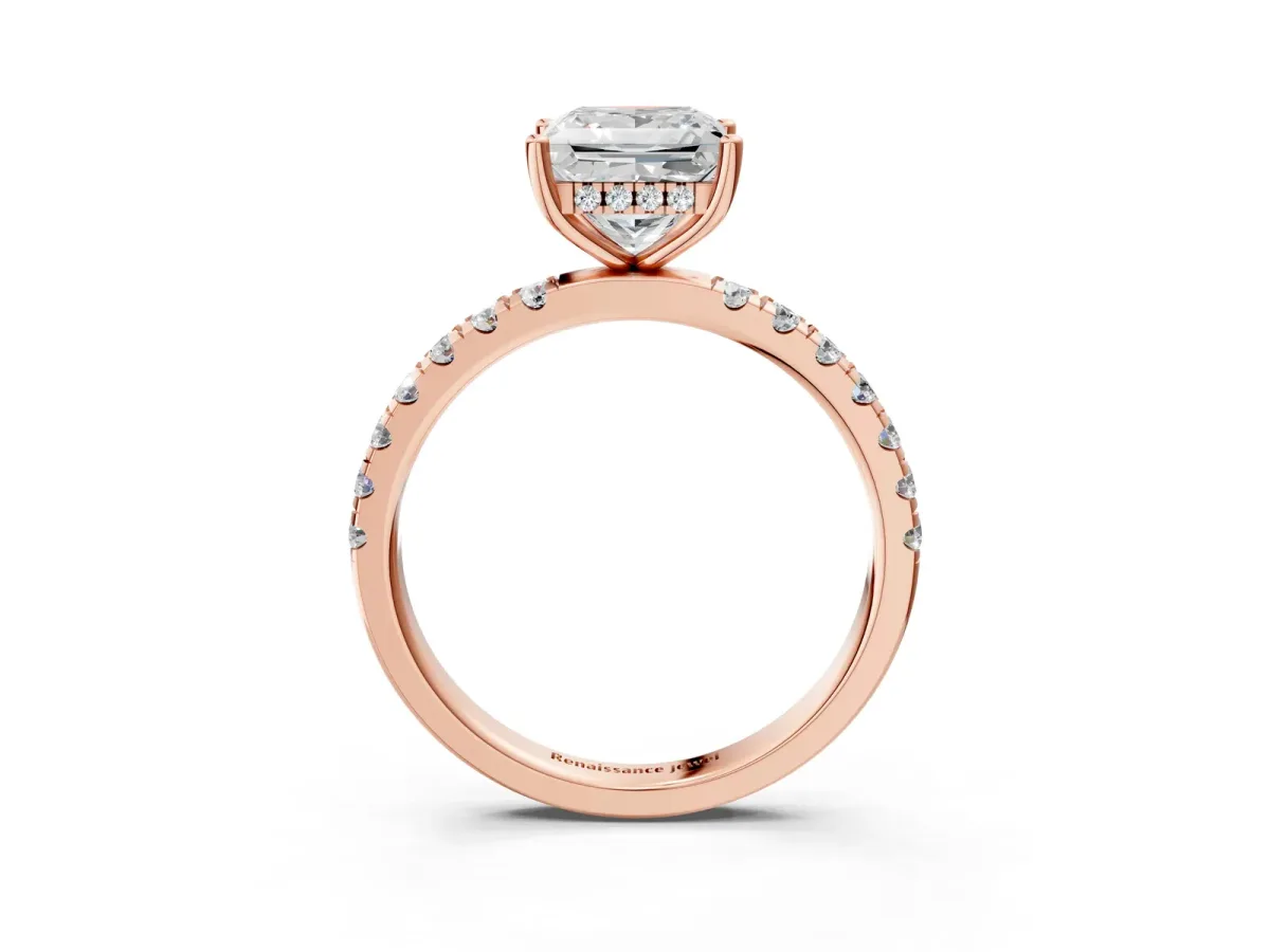 Princess Cut Diamond Pave Band Solitaire Ring with Round Moissanite and Prong Setting Rose gold