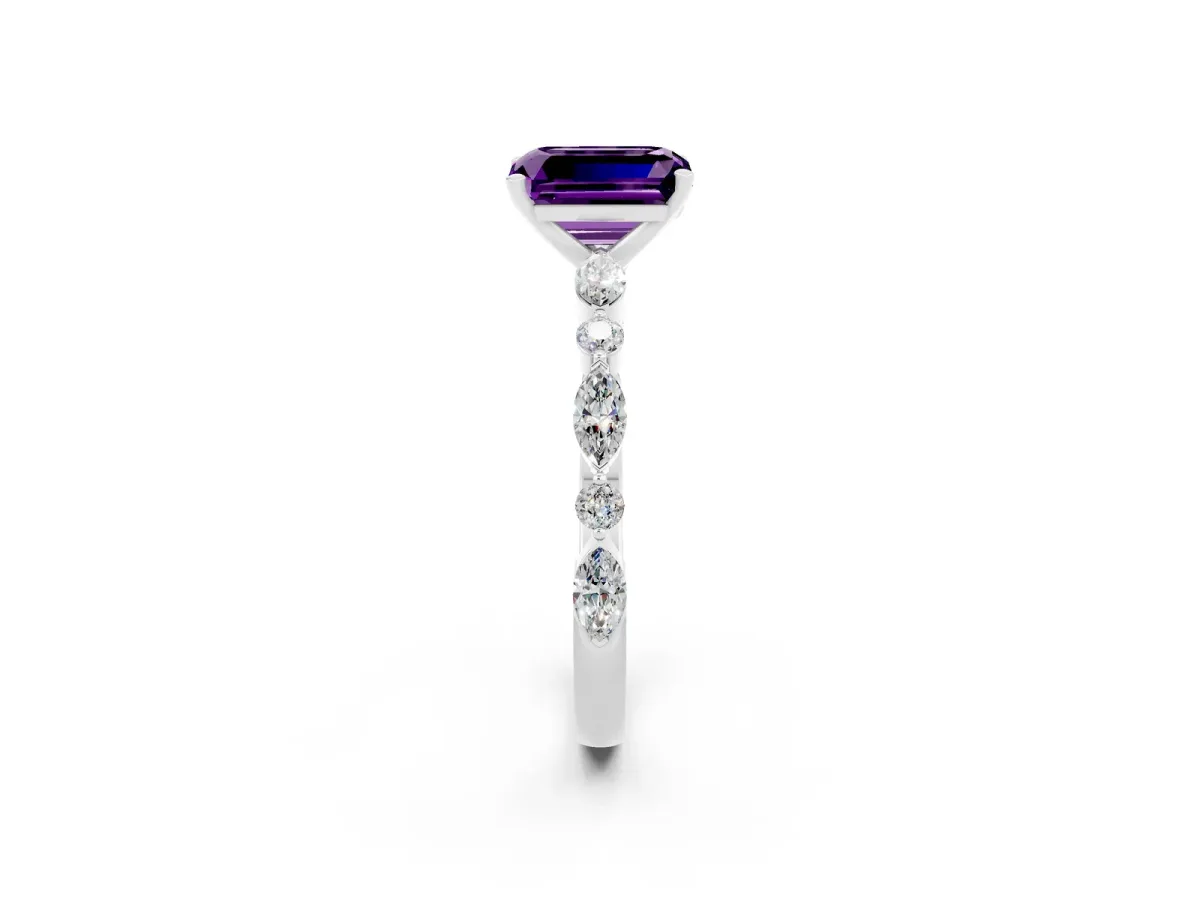 Emerald Cut Amethyst Ring with Marquise and Round Side Stones and Four-Prong Setting White gold