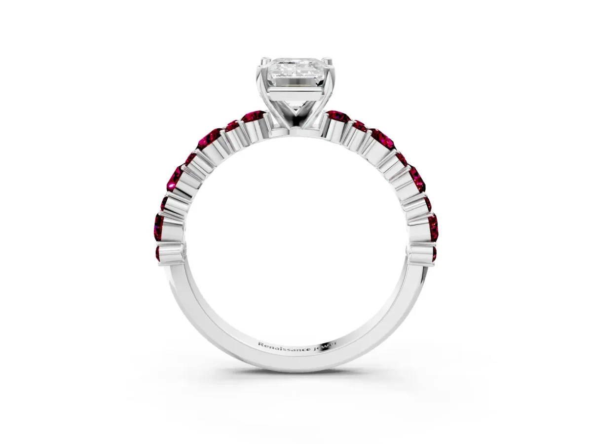 Emerald Cut Diamond Side Stone Solitaire Ring with Round Garnet and Four-Prong Setting Silver