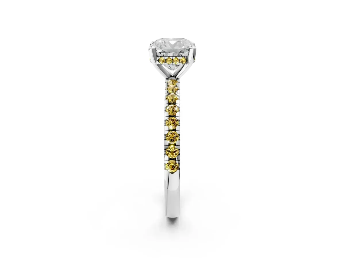 Cushion Cut Diamond Solitaire Ring with Round Yellow Sapphire Pavé Band and Four-Prong Setting Silver