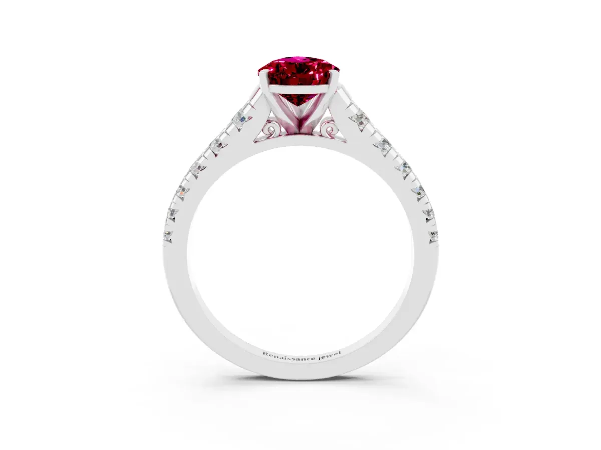 Pear Cut Garnet Cathedral Solitaire Ring with Round Pavé Band Platinum