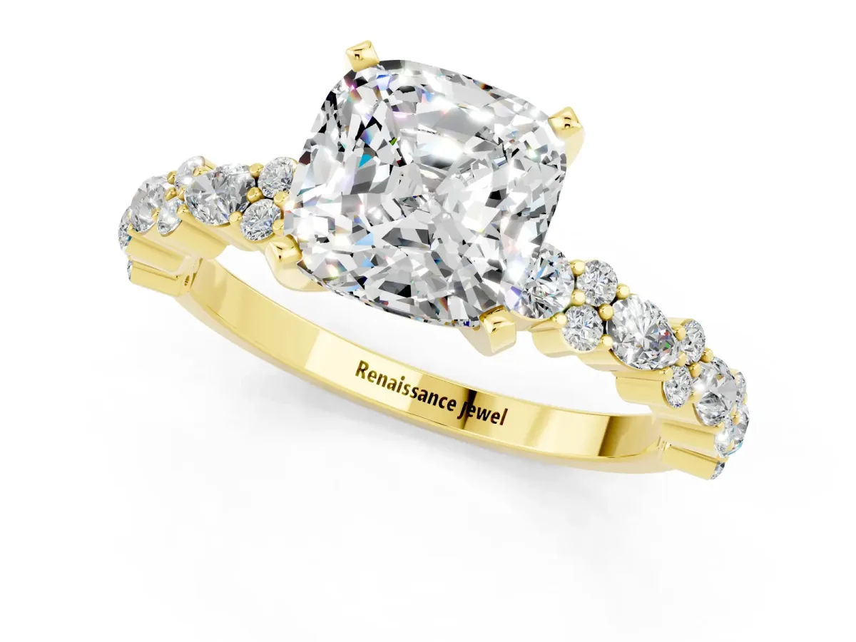 Cushion Cut Moissanite Side Stone Solitaire Ring with Round and Four-Prong Setting Yellow gold