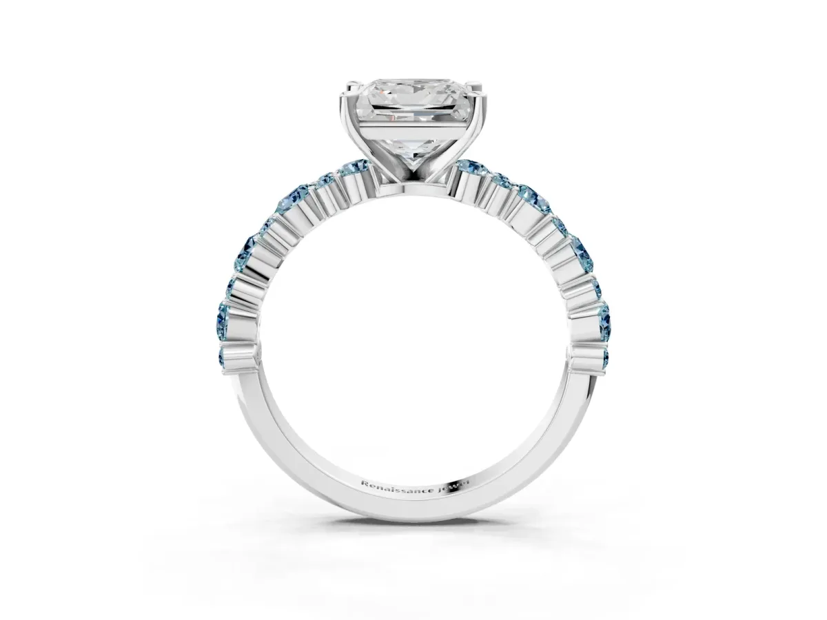 Princess Cut Diamond Side Stone Solitaire Ring with Round Aquamarine and Four-Prong Setting Platinum