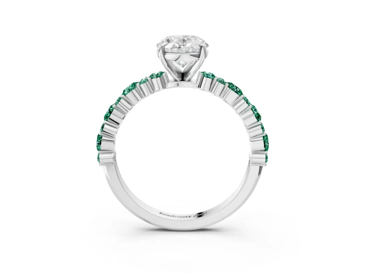 Oval Cut Diamond Side Stone Solitaire Ring with Round Green Sapphire and Four-Prong Setting White gold