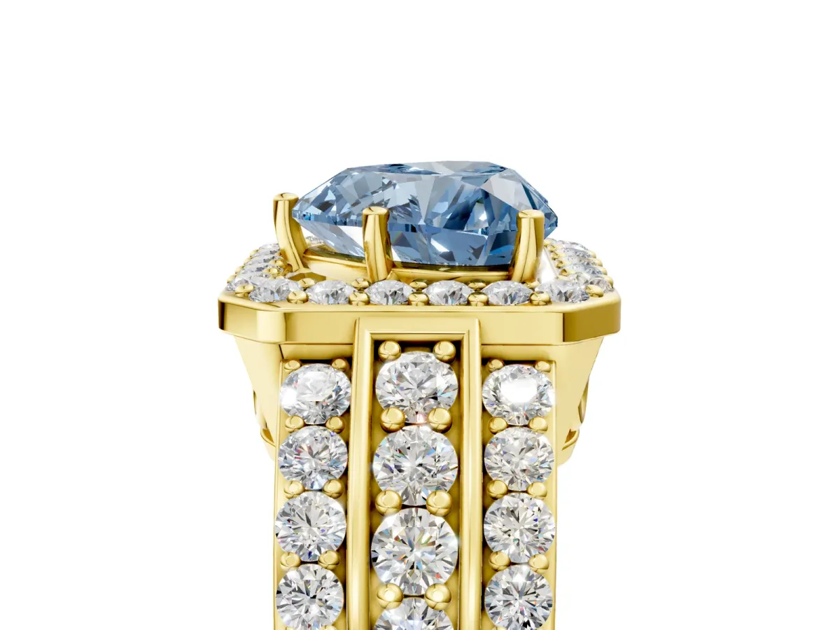 Fancy Blue Heart Cut Halo Diamond Ring with Round Split Shank and Prong Setting Yellow gold