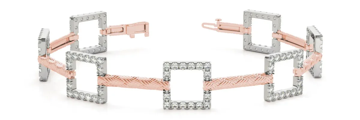Square Diamond Pavé Link Bracelet with Textured Band and Four-Prong Setting Rose gold