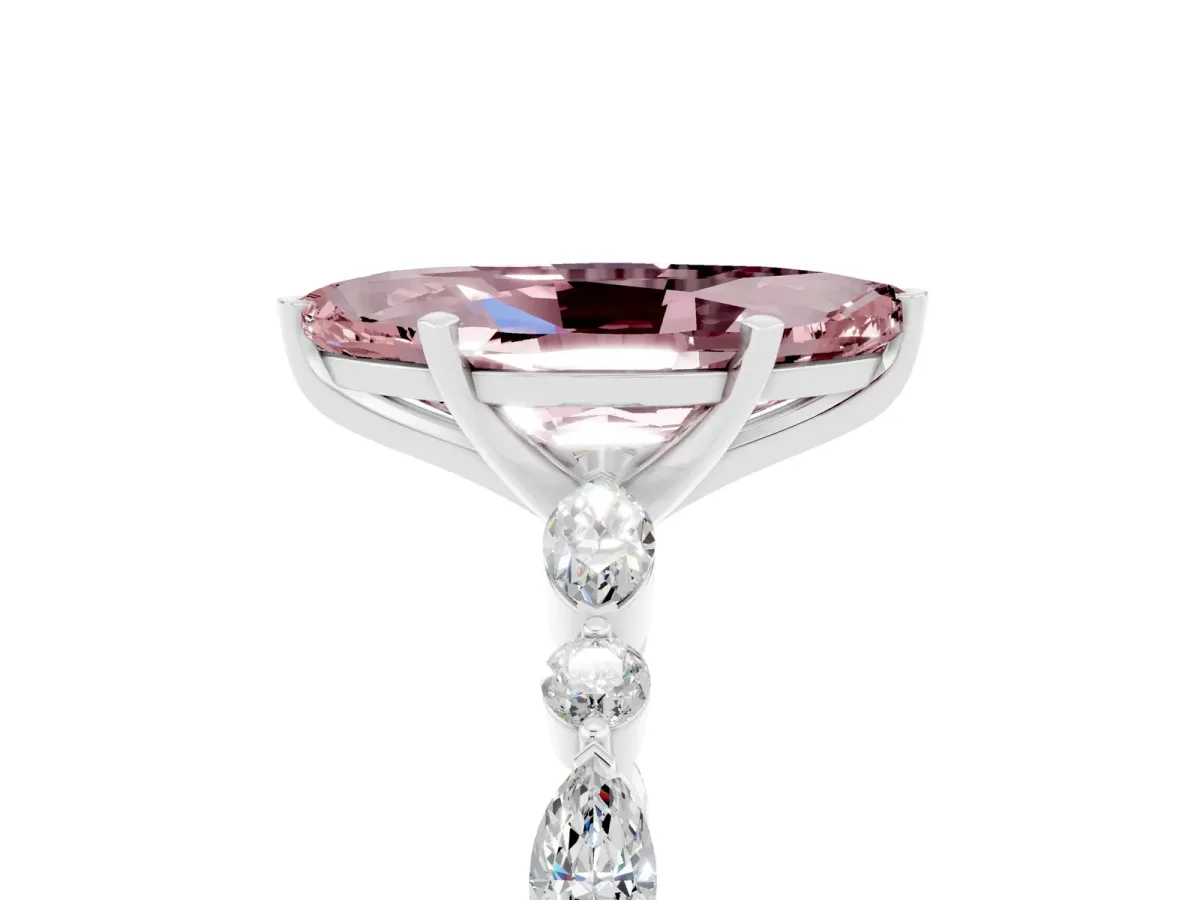 Marquise Cut Morganite Ring with Marquise and Round Side Stones and Four-Prong Setting Silver