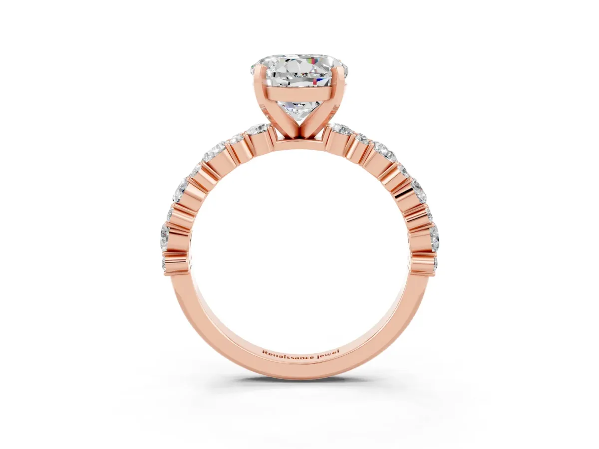 Round Cut Moissanite Side Stone Solitaire Ring with Round and Four-Prong Setting Rose gold
