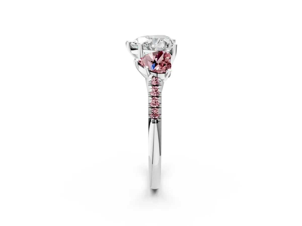Three-Stone Heart Cut Diamond Ring with Round Morganite Pavé Band and Prong Setting White gold