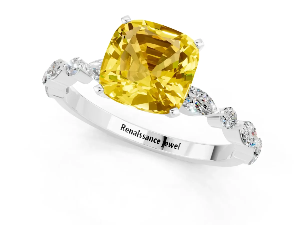 Cushion Cut Yellow Sapphire Ring with Marquise and Round Side Stones and Four-Prong Setting Silver