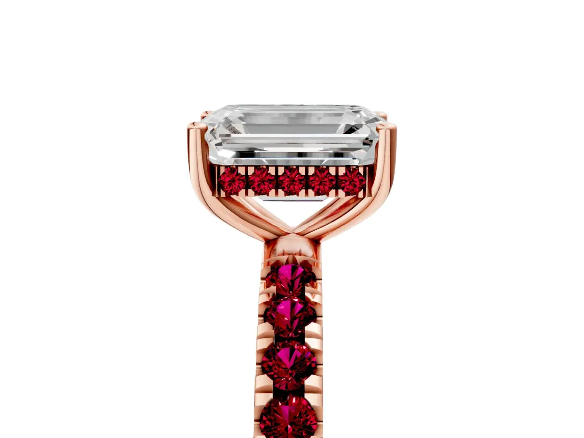 Emerald Cut Diamond Pave Band Solitaire Ring with Round Garnet and Prong Setting Rose gold