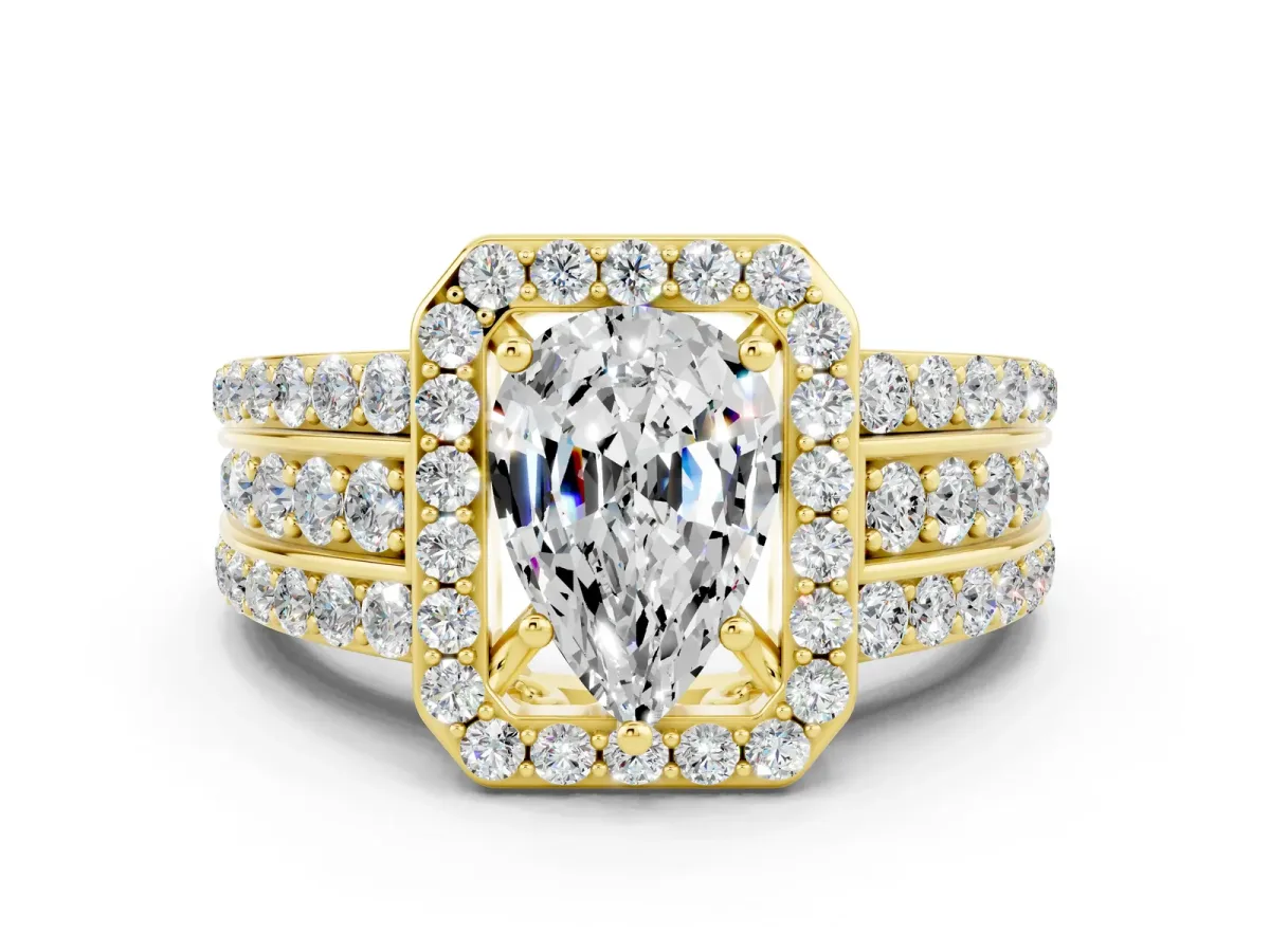 Pear Cut Halo Moissanite Ring with Round Split Shank and Prong Setting Yellow gold