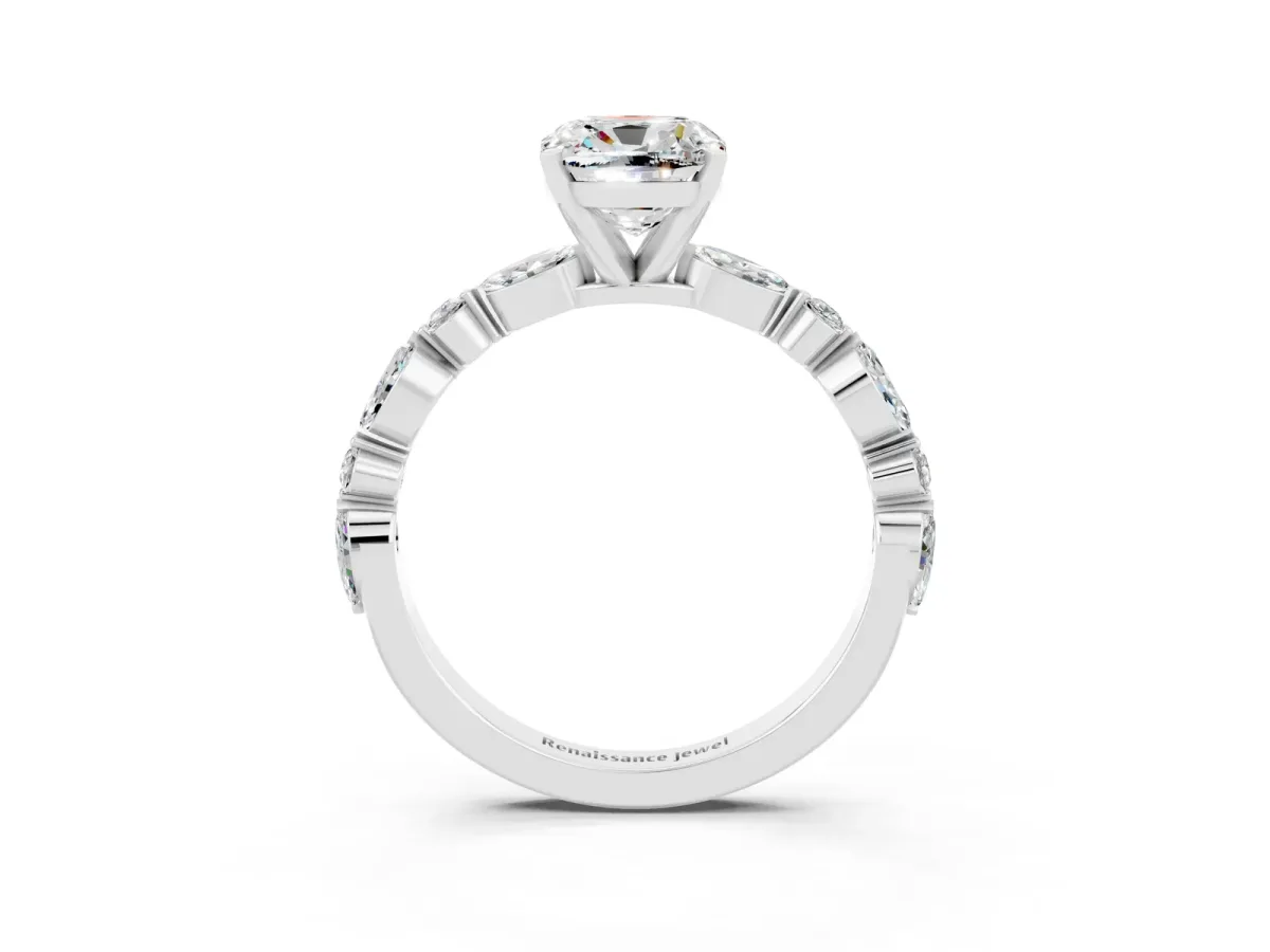 Cushion Cut Moissanite Ring with Marquise and Round Side Stones and Four-Prong Setting Silver