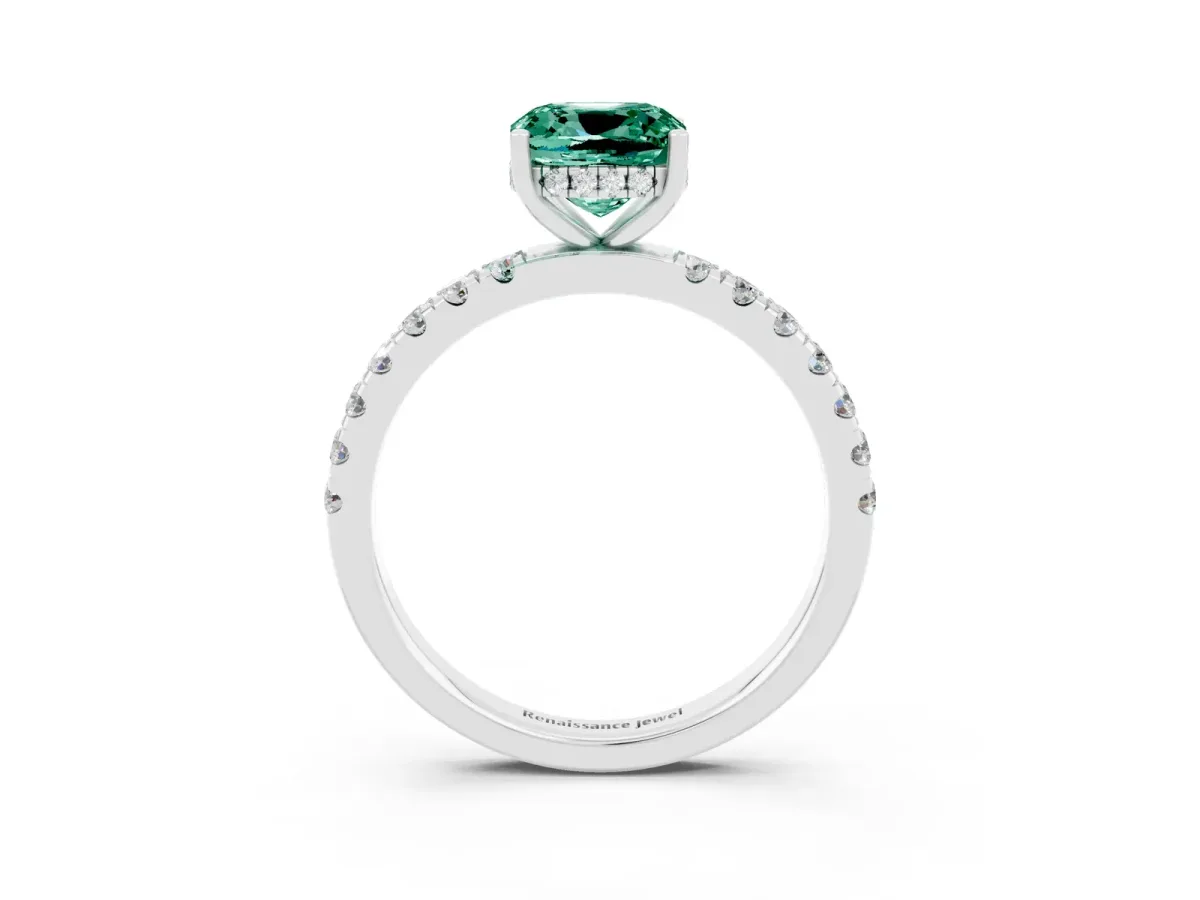 Cushion Cut Green Sapphire Pave Band Solitaire Ring with Round and Prong Setting Silver