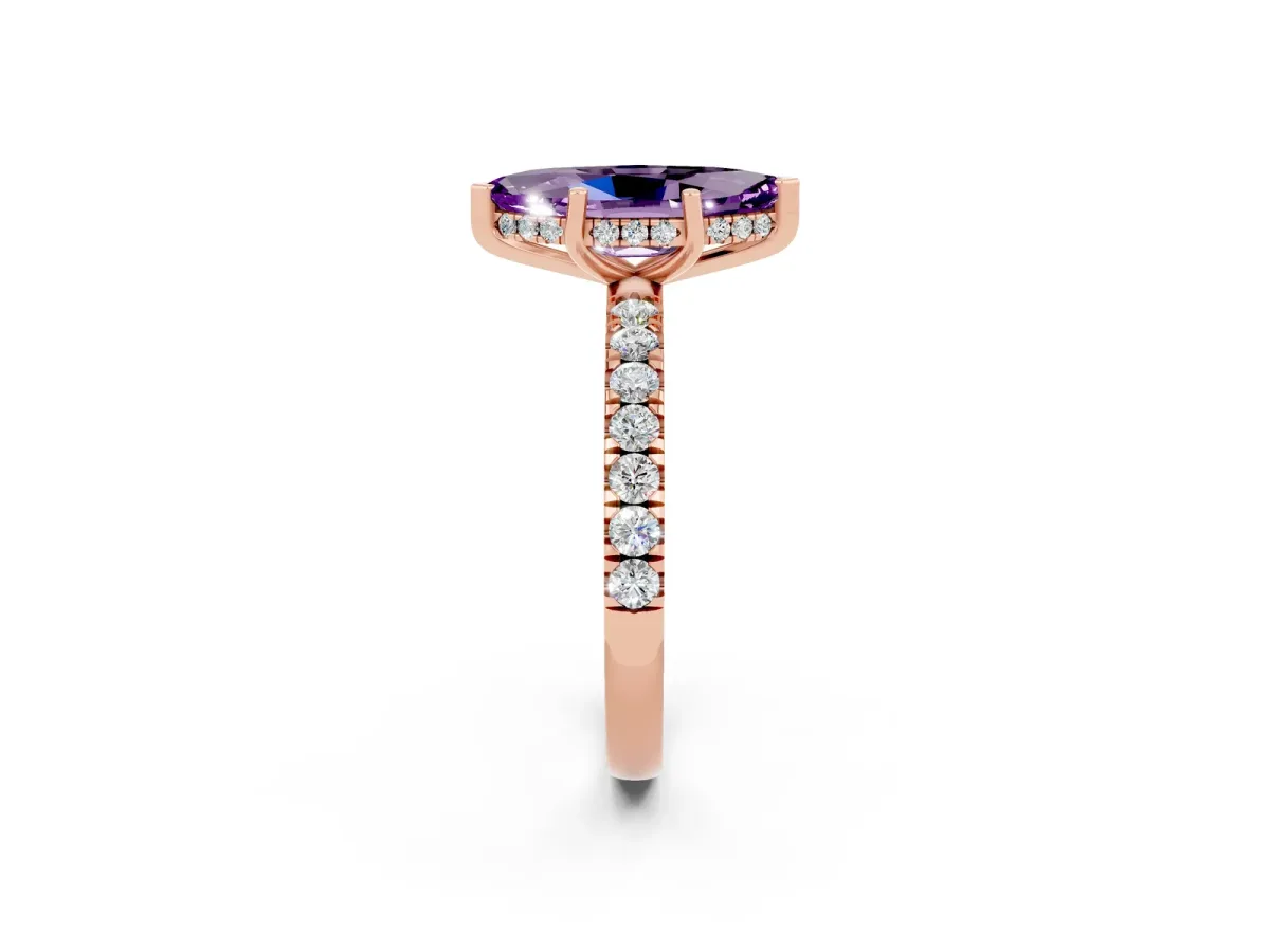 Marquise Cut Amethyst Pave Band Solitaire Ring with Round and Prong Setting Rose gold