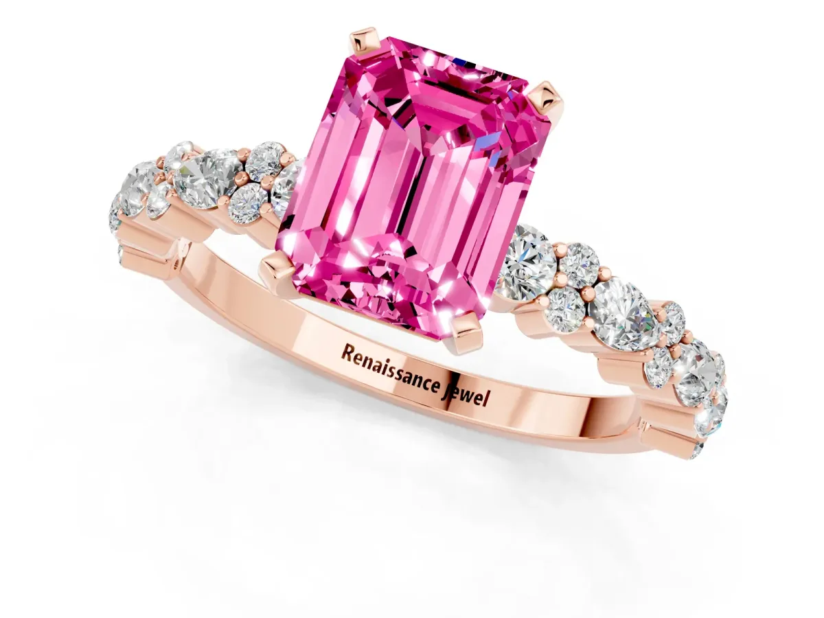 Emerald Cut Pink Sapphire Side Stone Solitaire Ring with Round and Four-Prong Setting Rose gold