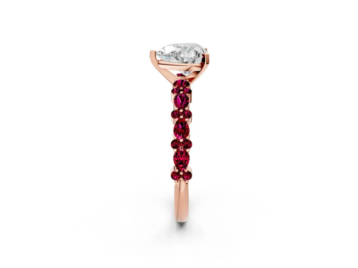 Heart Cut Diamond Side Stone Solitaire Ring with Round Garnet and Four-Prong Setting Rose gold