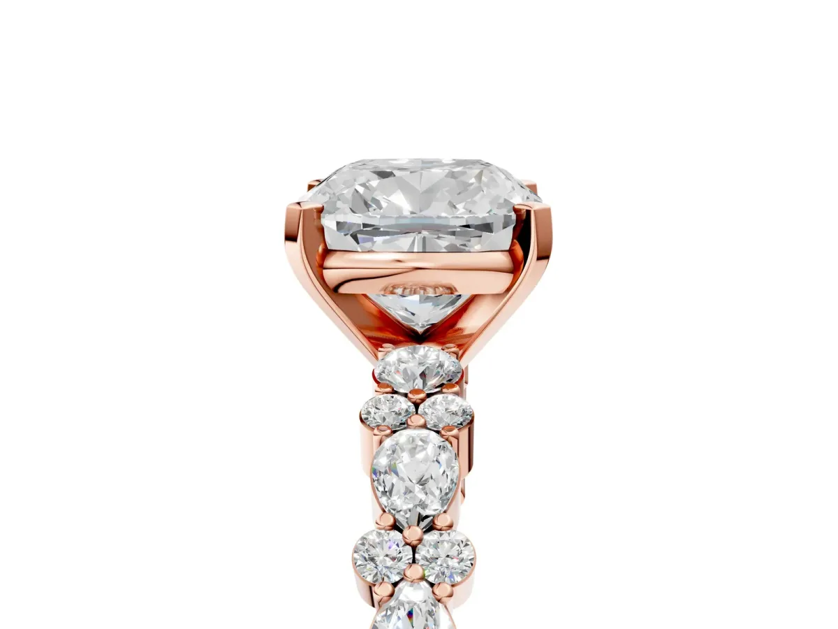 Cushion Cut Diamond Side Stone Solitaire Ring with Round Moissanite and Four-Prong Setting Rose gold