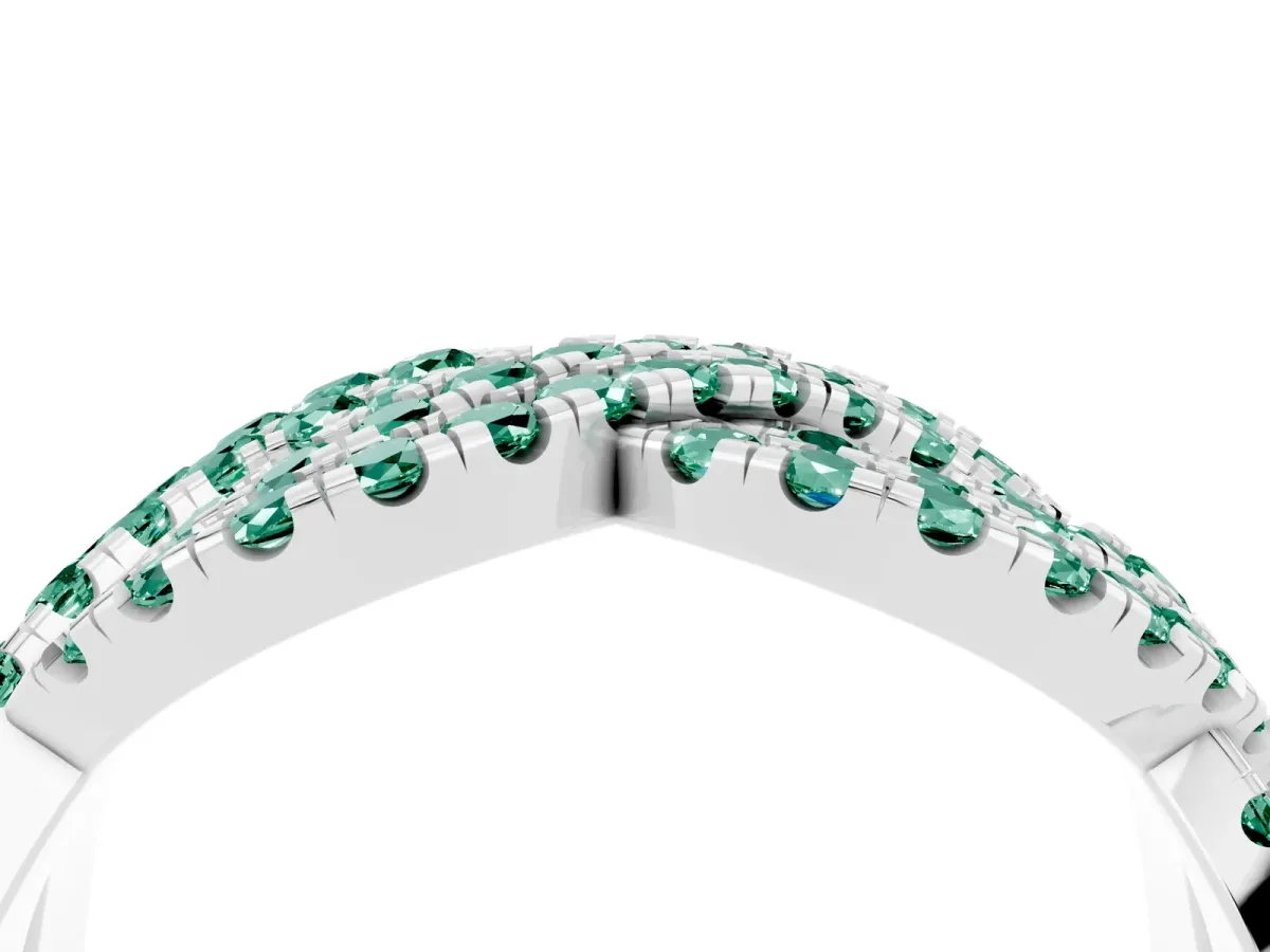 Pavé Round Green Sapphire Infinity Twist Band with Shared Prong Setting Silver