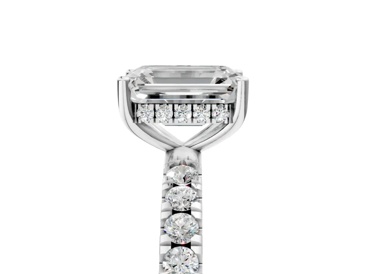 Emerald Cut Diamond Pave Band Solitaire Ring with Round and Prong Setting Platinum