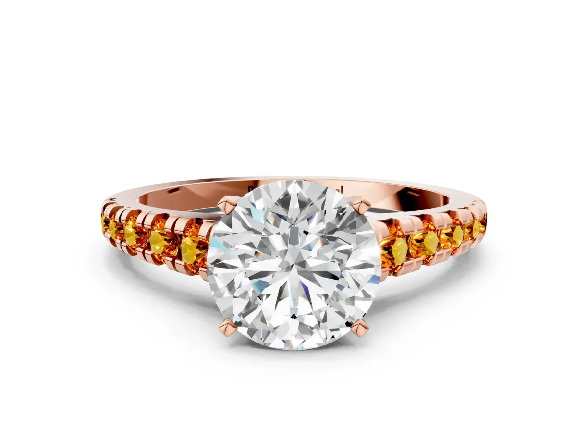 Round Cut Diamond Cathedral Solitaire Ring with Round Citrine Pavé Band Rose gold