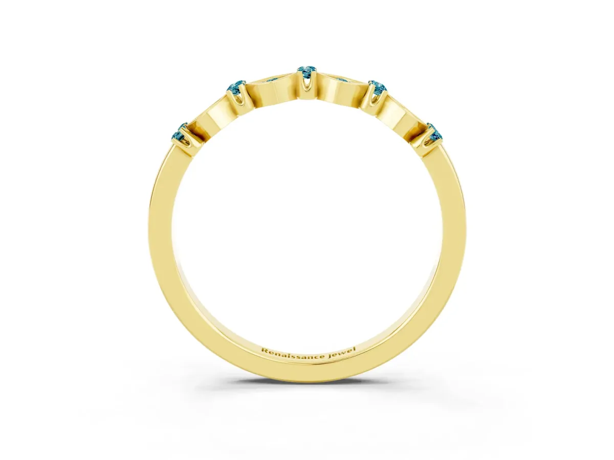 Pavé Cushion Blue Topaz Cluster Eternity Band with Prong Setting Yellow gold