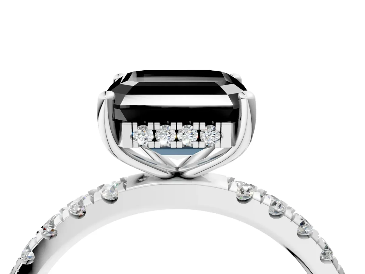 Fancy Black Asscher Cut Diamond Pave Band Solitaire Ring with Round and Prong Setting White gold
