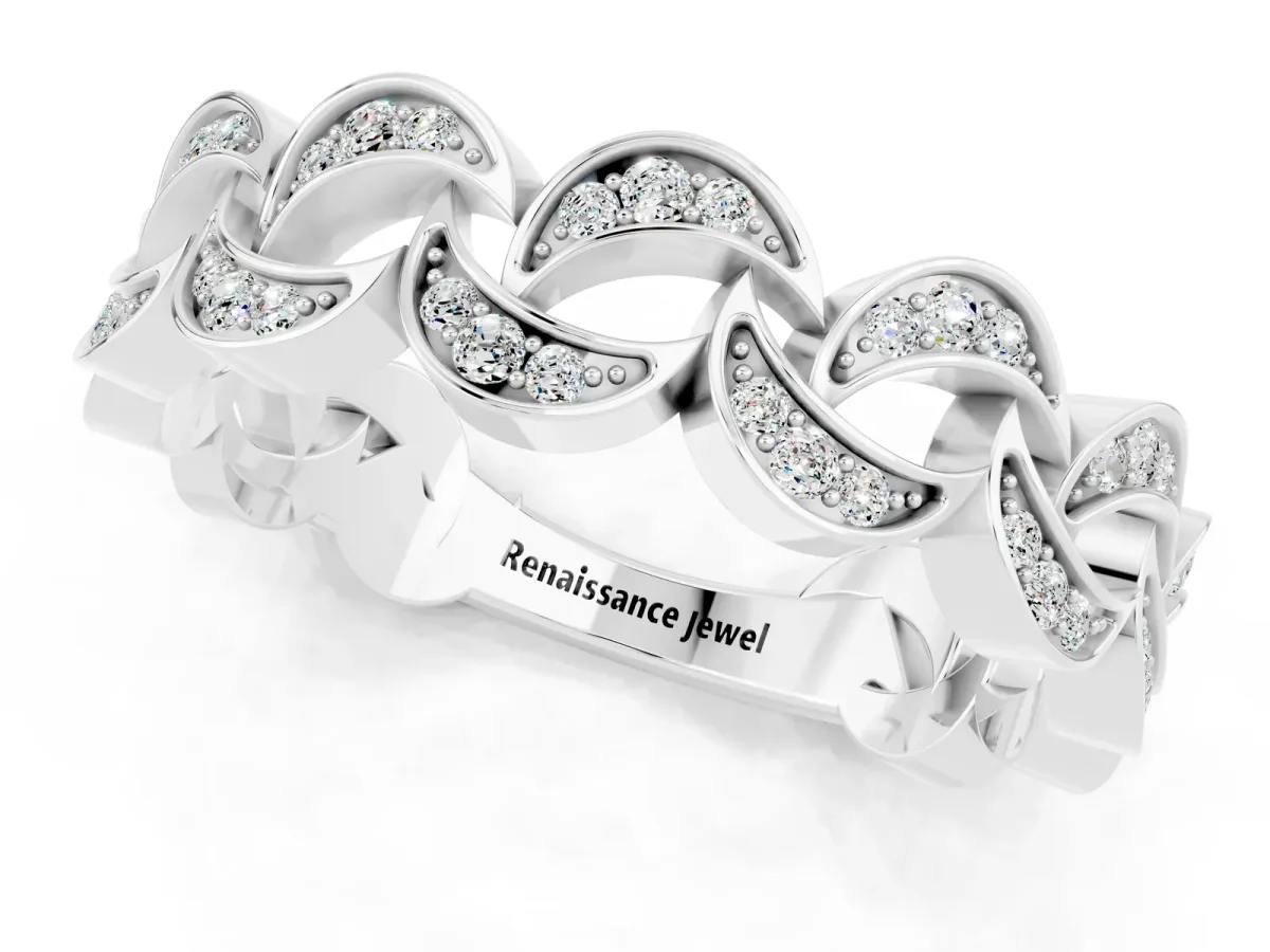 Pavé Round Moissanite Interlocking Eternity Band with Bezel Prong Setting Silver