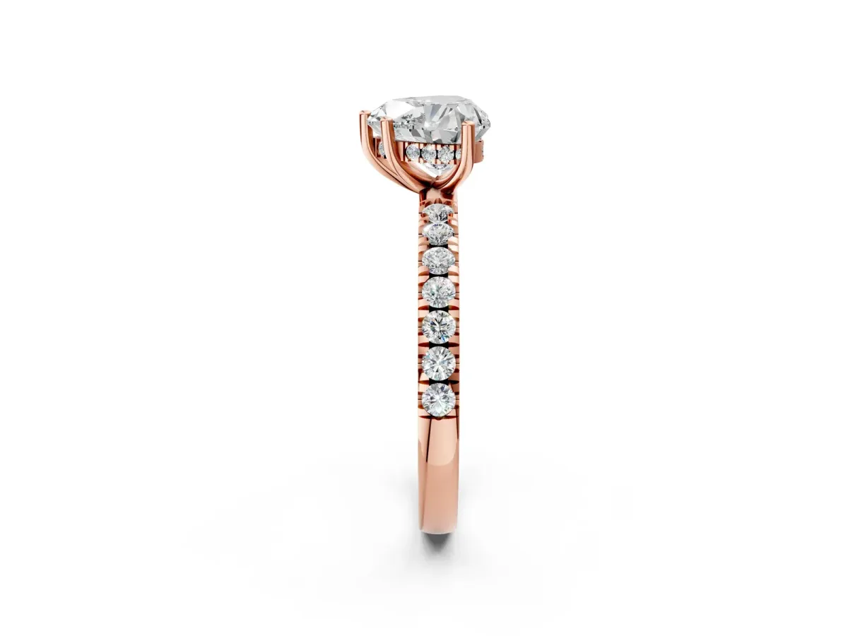 Heart Cut Diamond Pave Band Solitaire Ring with Round and Prong Setting Rose gold