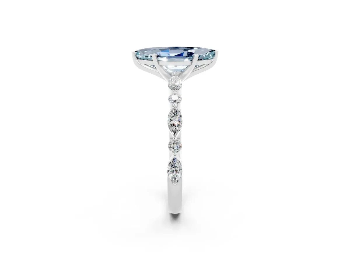 Marquise Cut Aquamarine Ring with Marquise and Round Side Stones and Four-Prong Setting Platinum