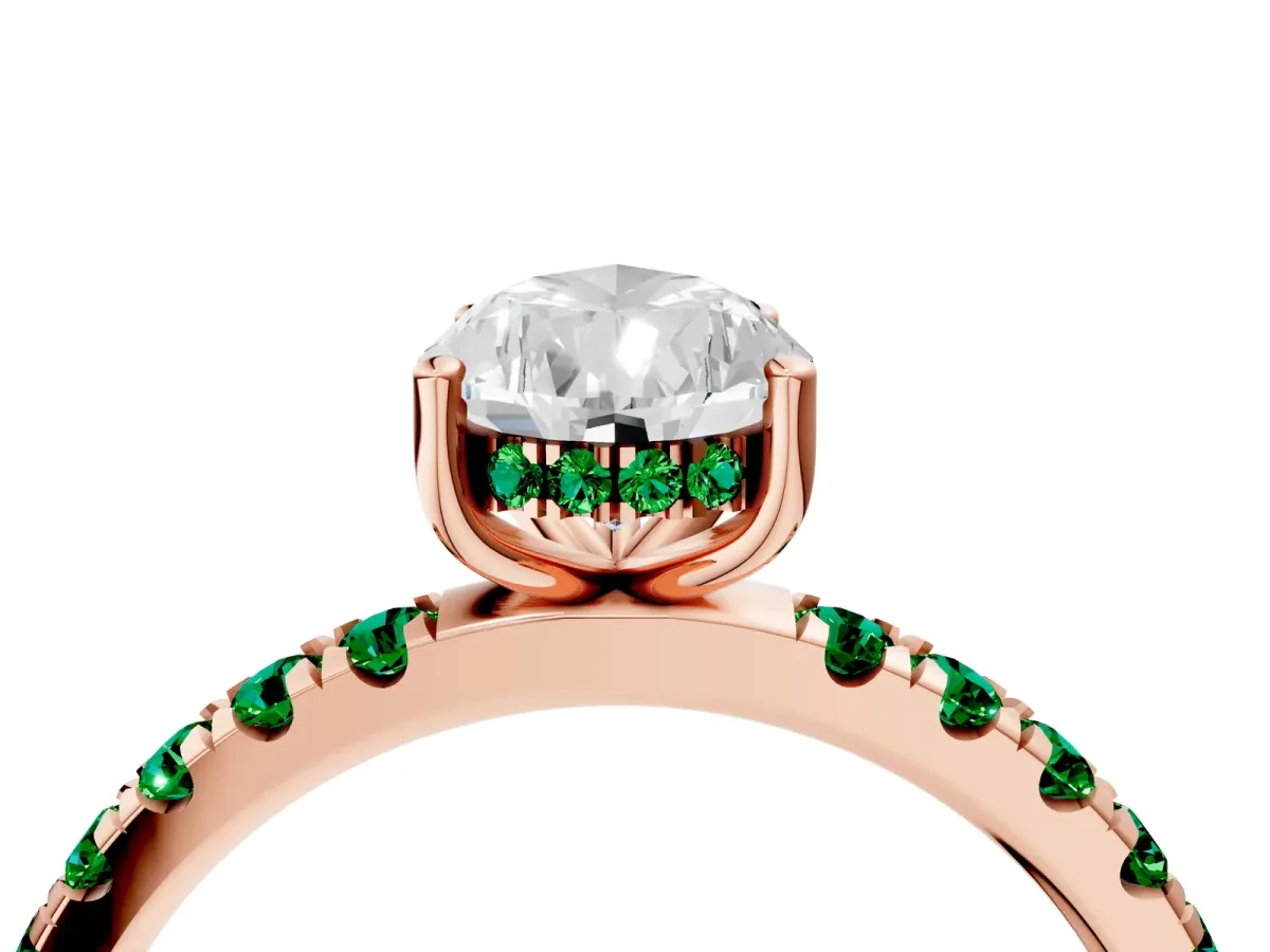 Pear Cut Diamond Pave Band Solitaire Ring with Round Emerald and Prong Setting Rose gold