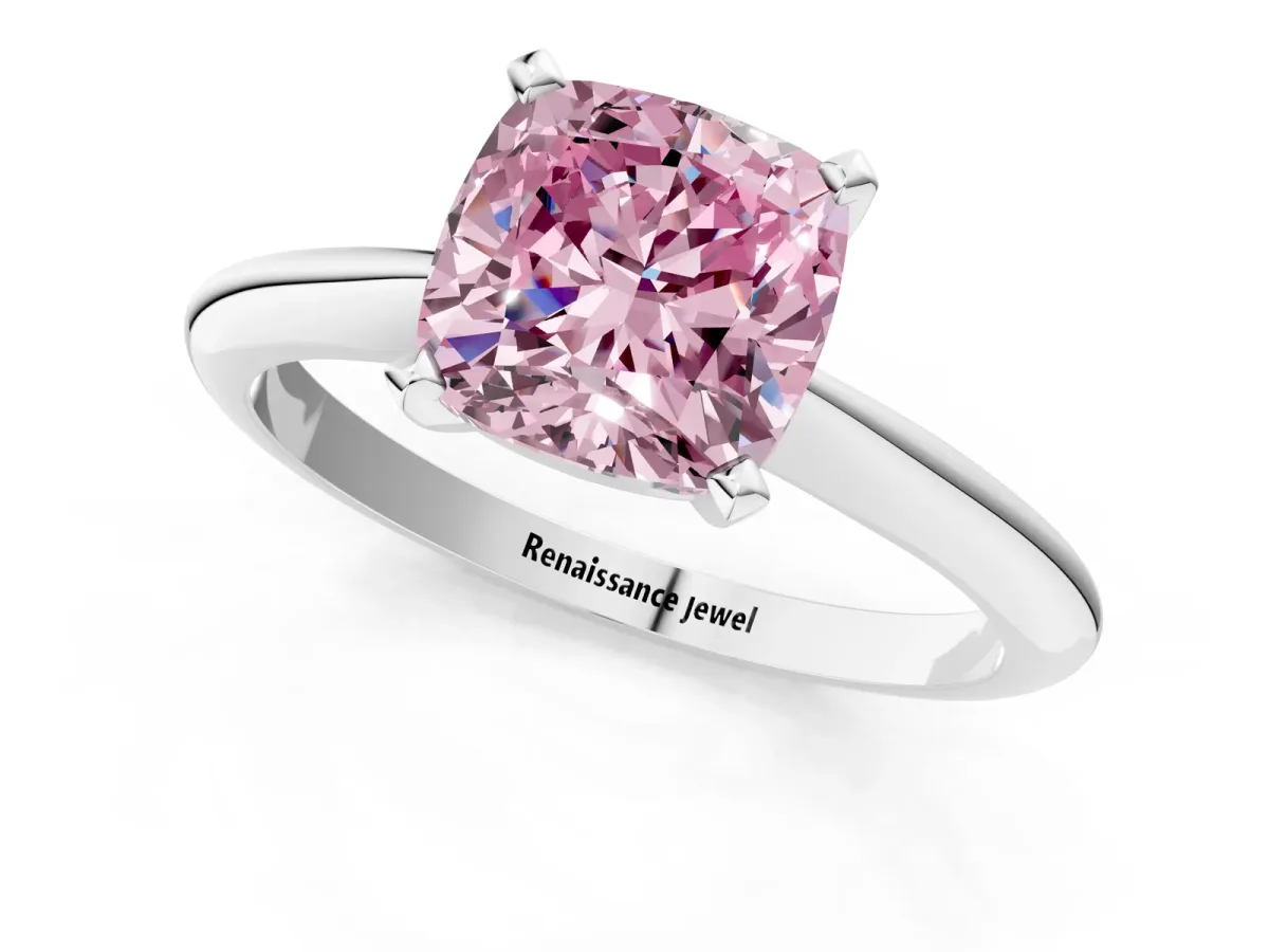 Fancy Pink Cushion Cut Diamond Solitaire Engagement Ring with Classic Band and Four-Prong Setting Silver