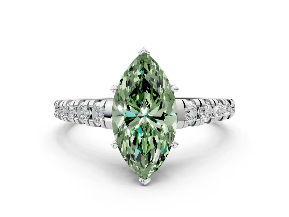 Fancy Green Marquise Cut Diamond Cathedral Solitaire Ring with Round Pavé Band Platinum