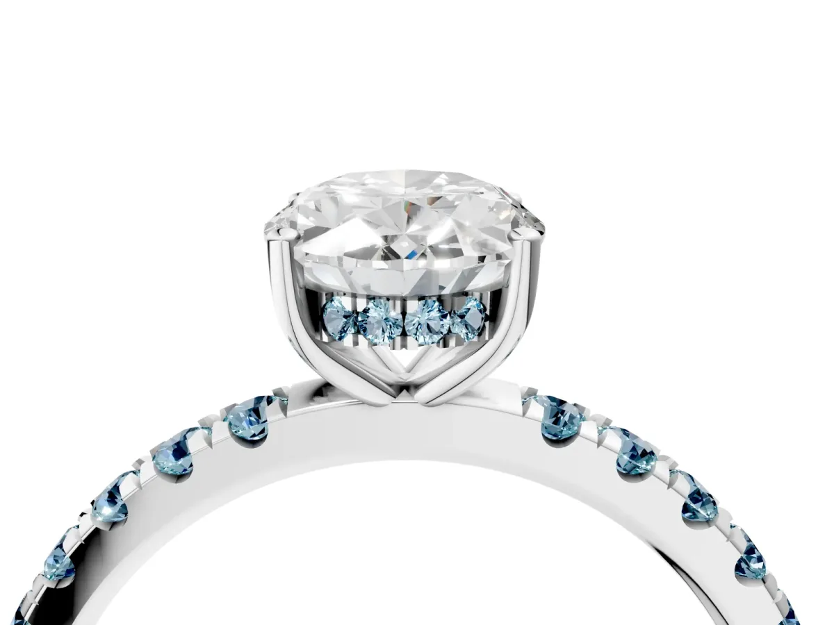Oval Cut Diamond Pave Band Solitaire Ring with Round Aquamarine and Prong Setting Platinum