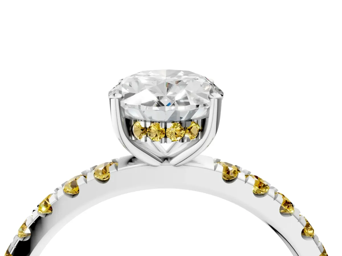 Oval Cut Diamond Pave Band Solitaire Ring with Round Yellow Sapphire and Prong Setting Platinum