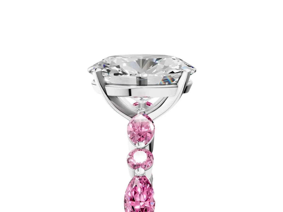 Oval Cut Diamond Ring with Marquise and Round Pink Sapphire Side Stones and Four-Prong Setting Silver