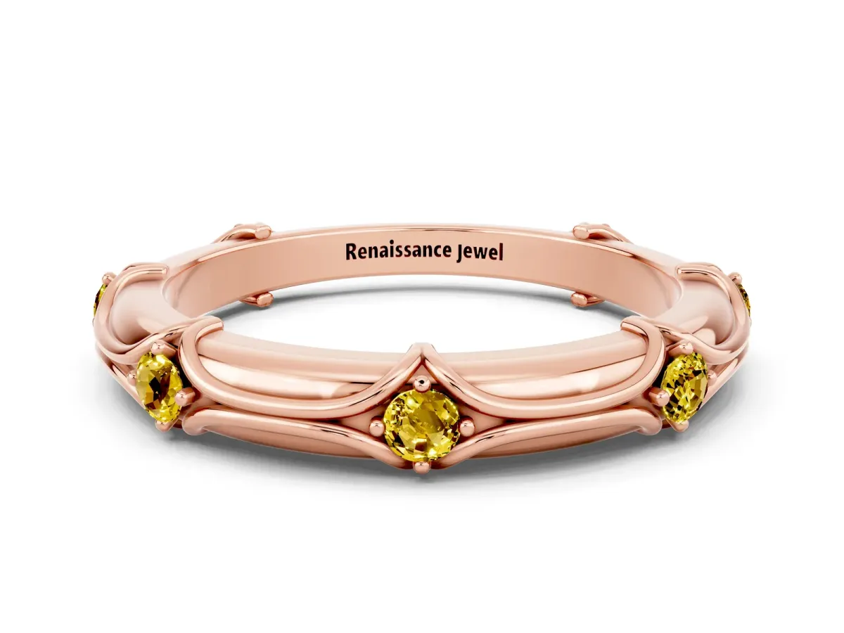 Round Yellow Sapphire Prong Set Milgrain Eternity Band Rose gold