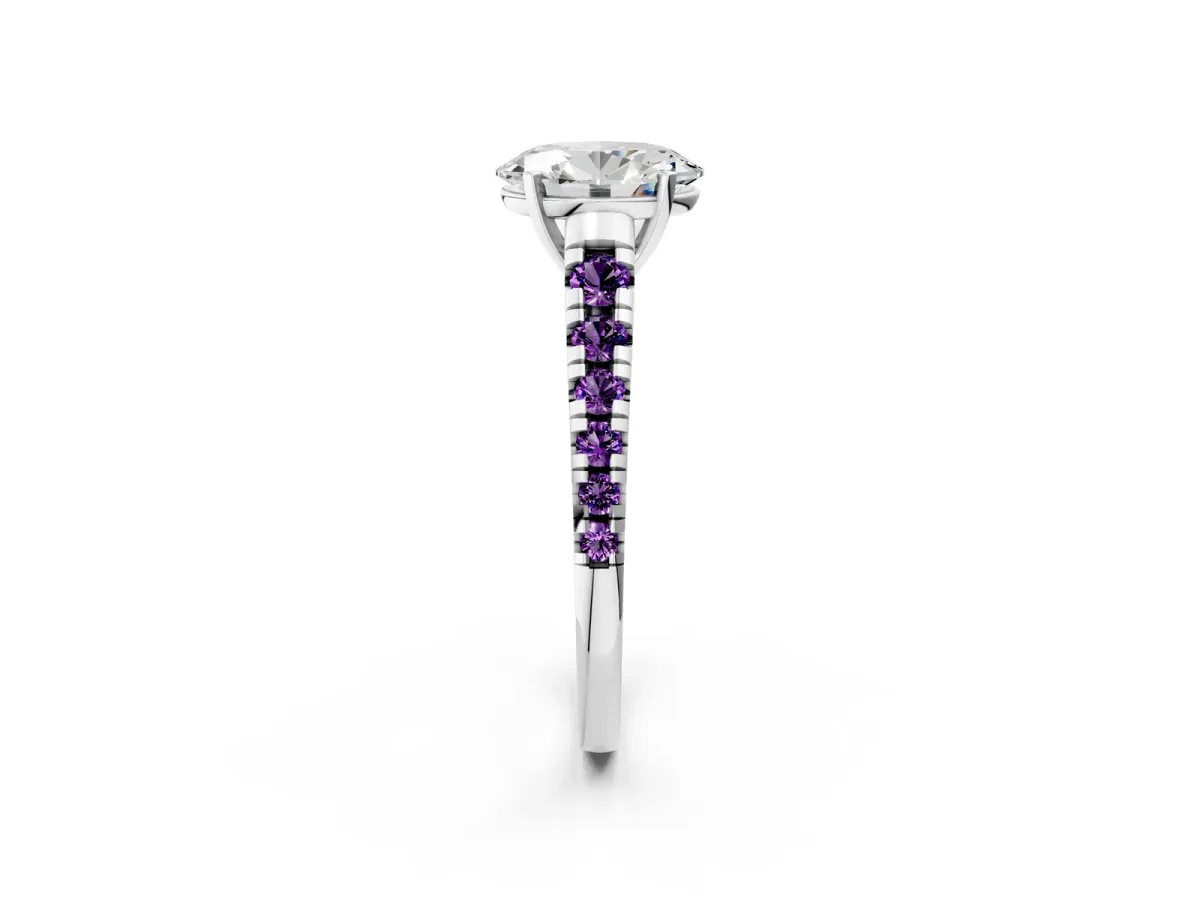 Oval Cut Diamond Cathedral Solitaire Ring with Round Amethyst Pavé Band White gold