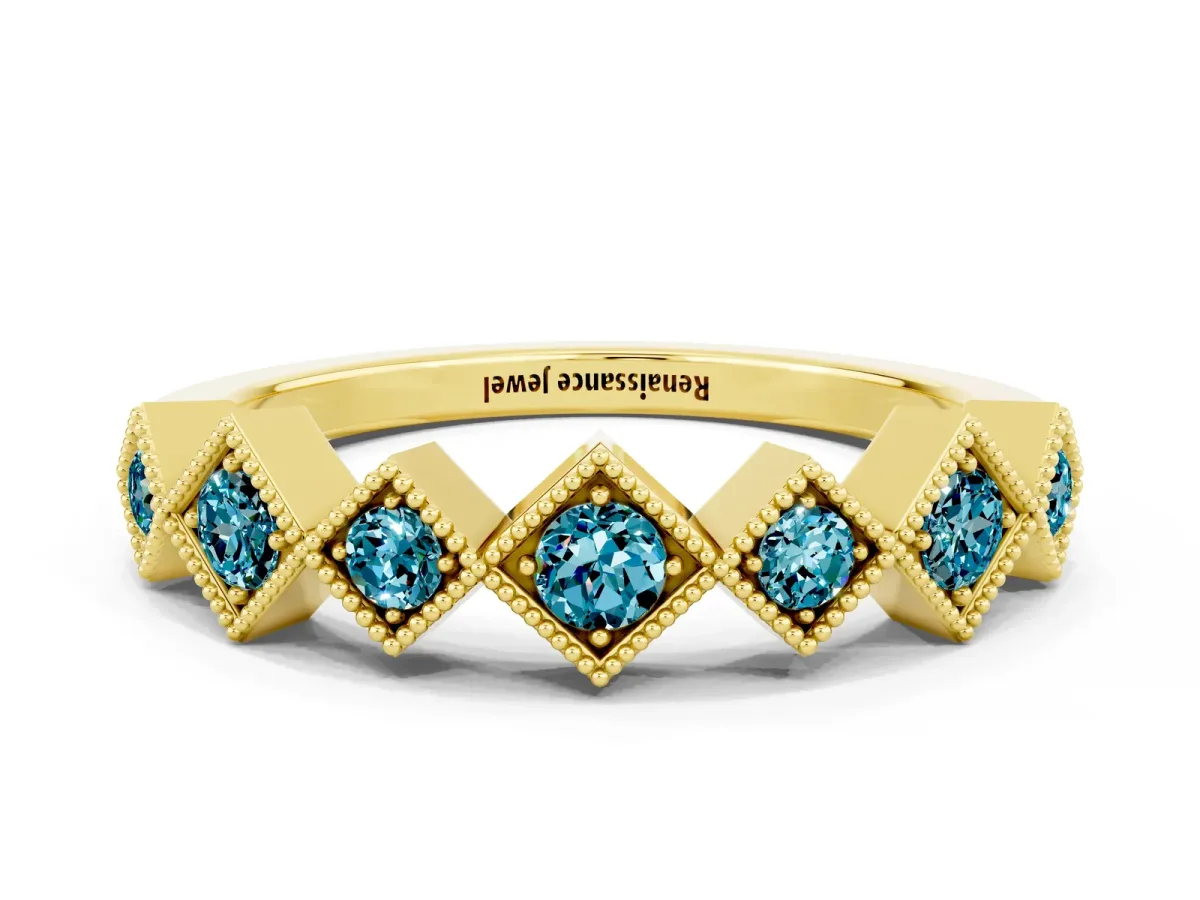 Milgrain Square Bezel Round Blue Topaz Chevron Band Yellow gold