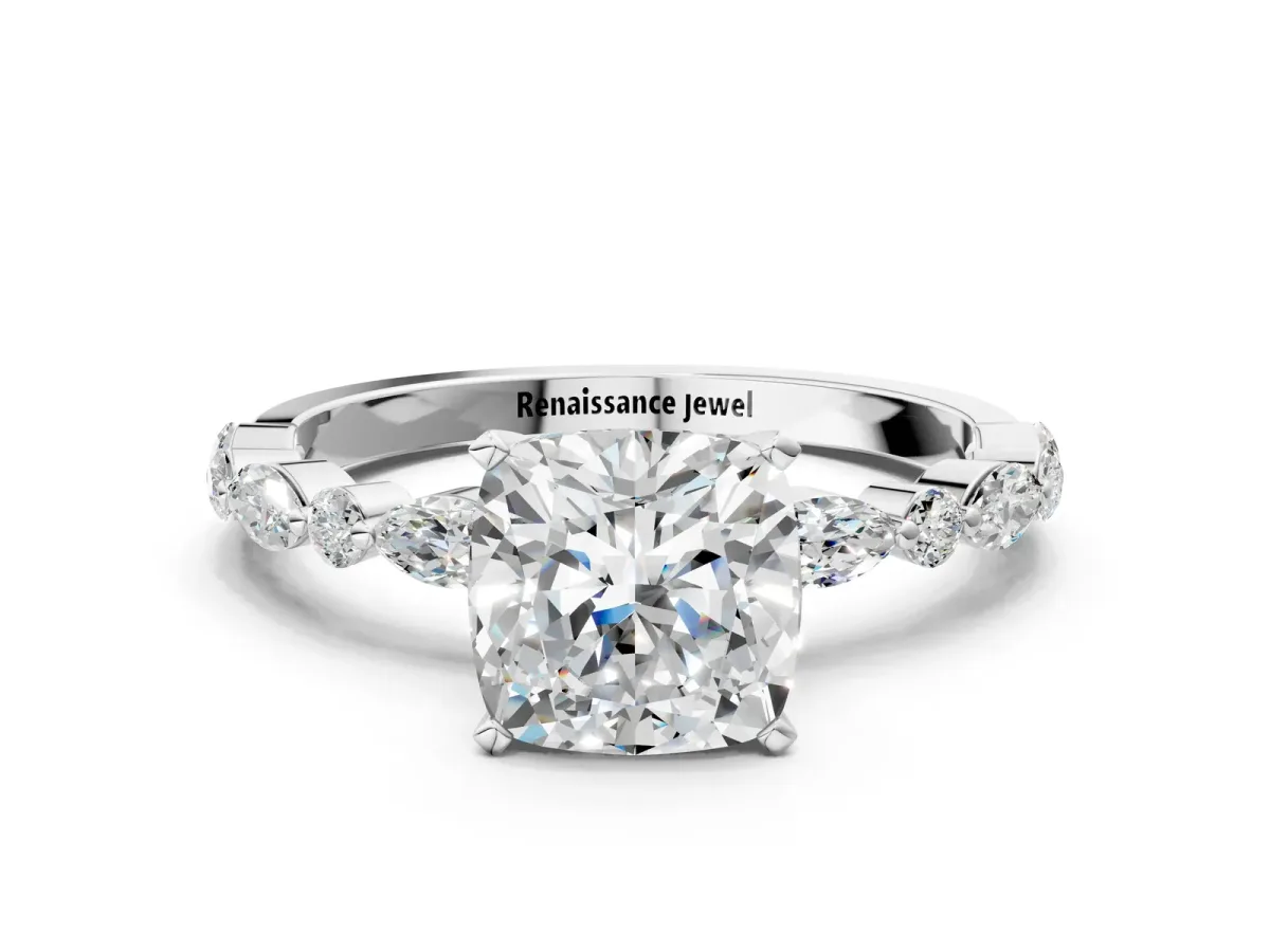 Cushion Cut Diamond Ring with Marquise and Round Moissanite Side Stones and Four-Prong Setting Silver