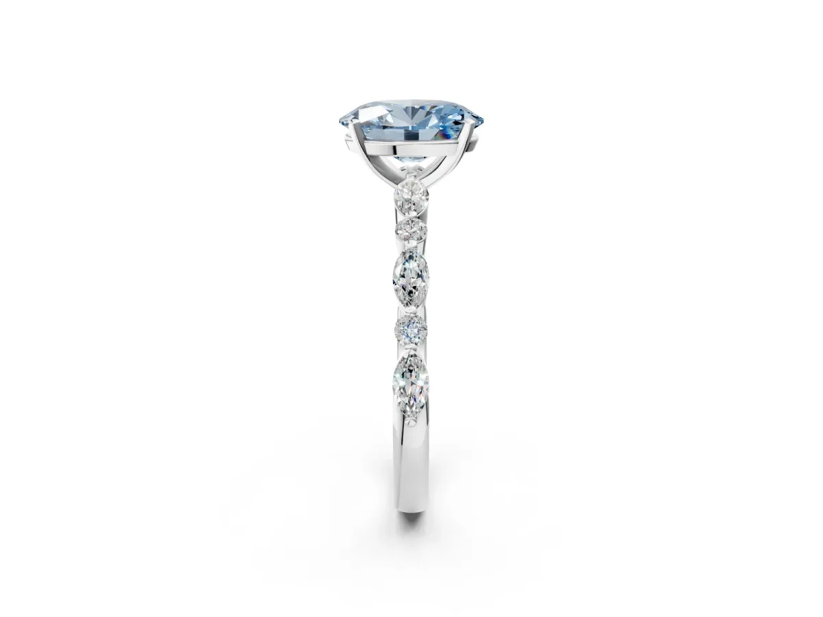 Fancy Blue Oval Cut Diamond Ring with Marquise and Round Side Stones and Four-Prong Setting Platinum