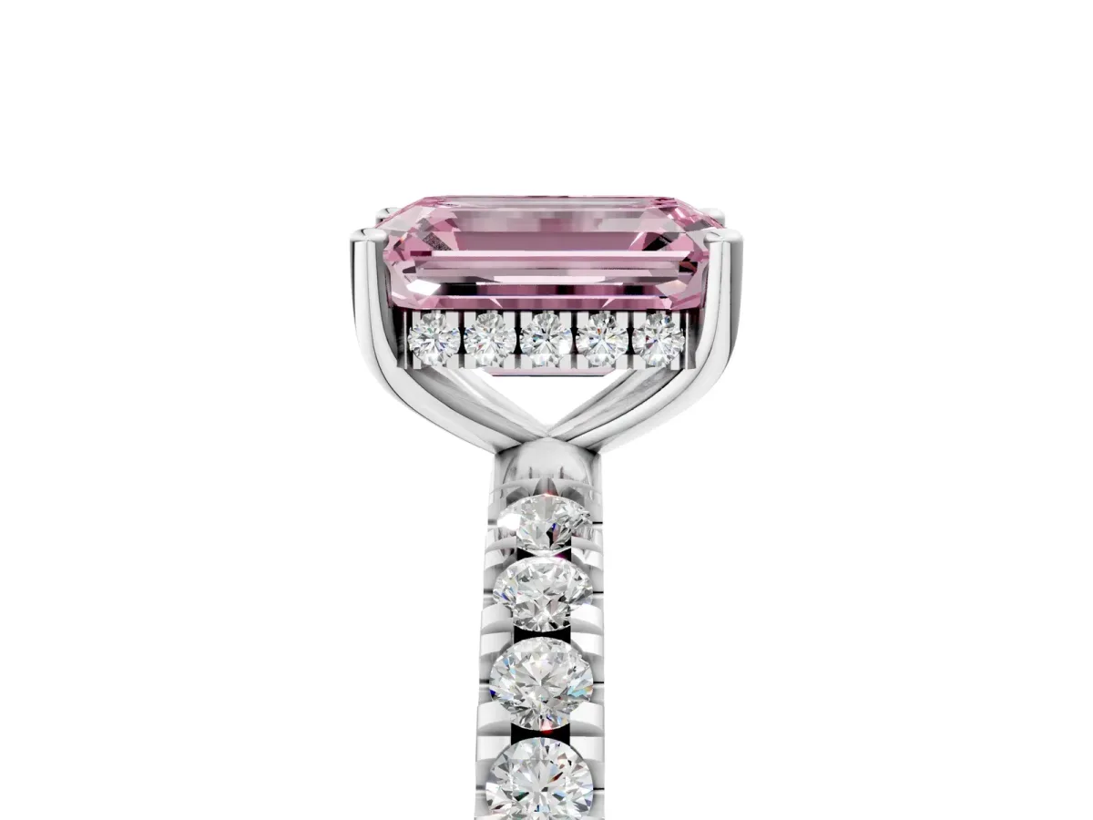 Fancy Pink Emerald Cut Diamond Pave Band Solitaire Ring with Round and Prong Setting Silver
